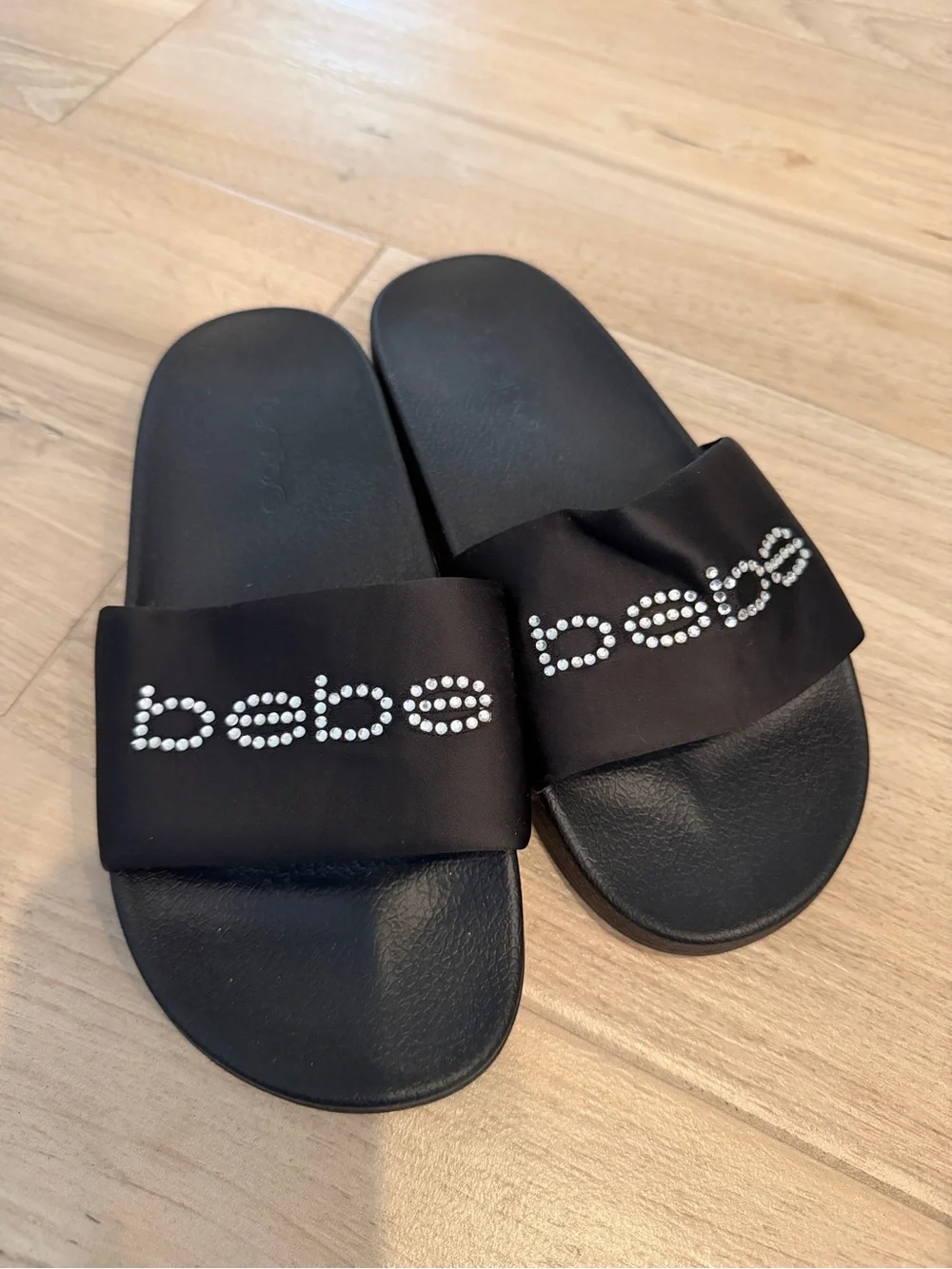 bebe Y2K Black Satin Rhinestone Logo Slide Sandals Size 7